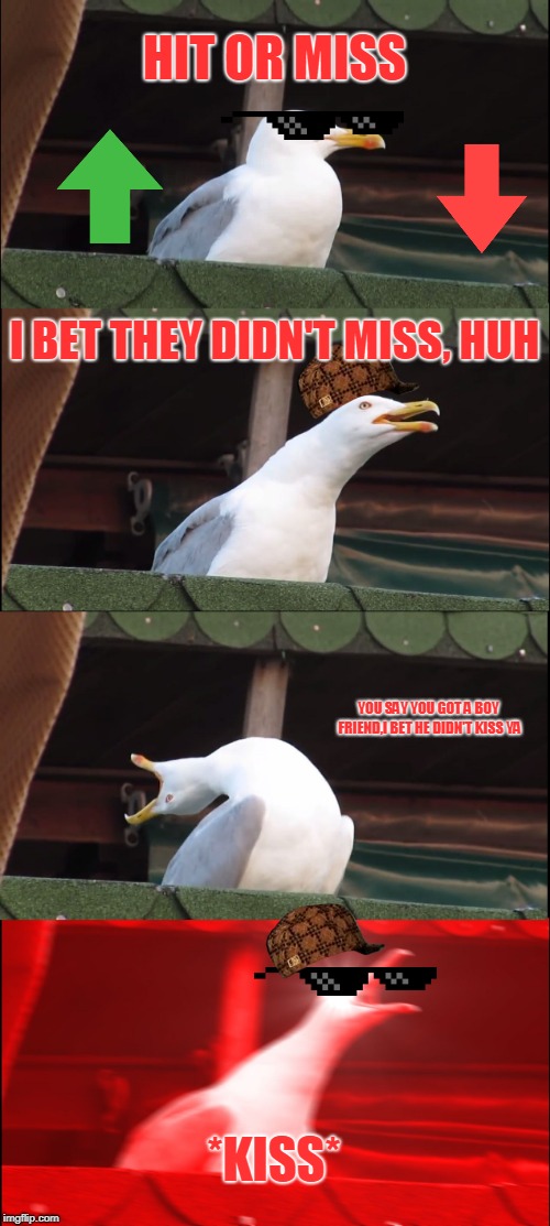Inhaling Seagull | HIT OR MISS; I BET THEY DIDN'T MISS, HUH; YOU SAY YOU GOT A BOY FRIEND,I BET HE DIDN'T KISS YA; *KISS* | image tagged in memes,inhaling seagull | made w/ Imgflip meme maker