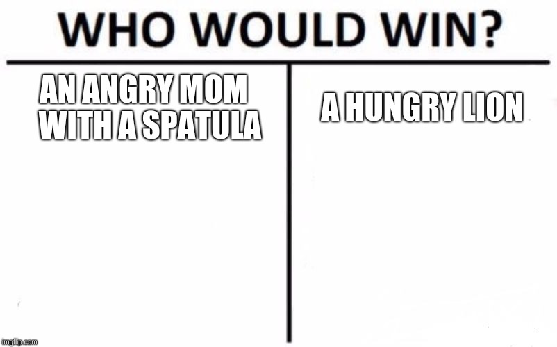 Who Would Win? Meme | AN ANGRY MOM 
WITH A SPATULA; A HUNGRY LION | image tagged in memes,who would win | made w/ Imgflip meme maker
