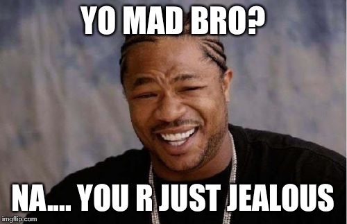 Yo Dawg Heard You | YO MAD BRO? NA.... YOU R JUST JEALOUS | image tagged in memes,yo dawg heard you | made w/ Imgflip meme maker