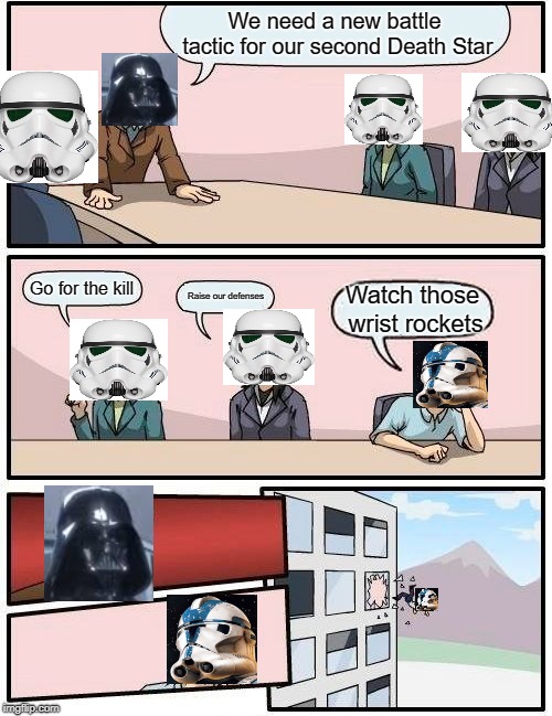 Star Wars Watch Those Wrist Rockets Meme | We need a new battle tactic for our second Death Star; Go for the kill; Raise our defenses; Watch those wrist rockets | image tagged in memes,boardroom meeting suggestion,star wars | made w/ Imgflip meme maker