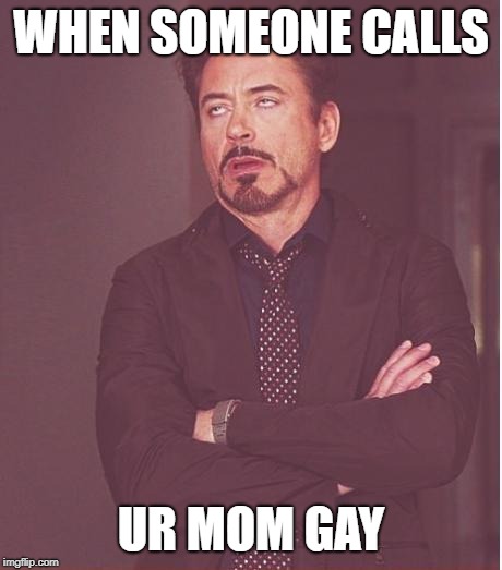 Face You Make Robert Downey Jr Meme | WHEN SOMEONE CALLS; UR MOM GAY | image tagged in memes,face you make robert downey jr | made w/ Imgflip meme maker