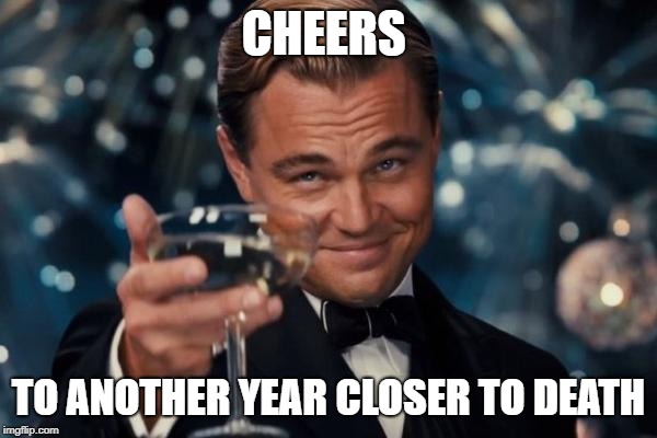 Leonardo Dicaprio Cheers Meme | CHEERS; TO ANOTHER YEAR CLOSER TO DEATH | image tagged in memes,leonardo dicaprio cheers | made w/ Imgflip meme maker