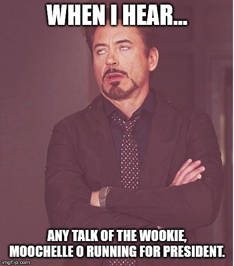 Face You Make Robert Downey Jr Meme | WHEN I HEAR... ANY TALK OF THE WOOKIE, MOOCHELLE O RUNNING FOR PRESIDENT. | image tagged in memes,face you make robert downey jr | made w/ Imgflip meme maker