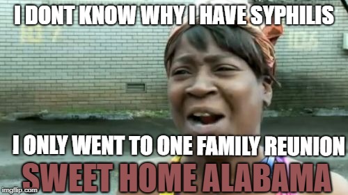 Ain't Nobody Got Time For That Meme | I DONT KNOW WHY I HAVE SYPHILIS; I ONLY WENT TO ONE FAMILY REUNION; SWEET HOME ALABAMA | image tagged in memes,aint nobody got time for that | made w/ Imgflip meme maker