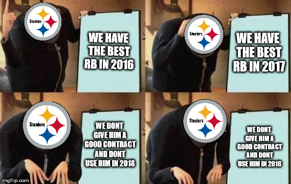 Gru's Plan | WE HAVE THE BEST RB IN 2016; WE HAVE THE BEST RB IN 2017; WE DONT GIVE HIM A GOOD CONTRACT AND DONT USE HIM IN 2018; WE DONT GIVE HIM A GOOD CONTRACT AND DONT USE HIM IN 2018 | image tagged in gru's plan | made w/ Imgflip meme maker
