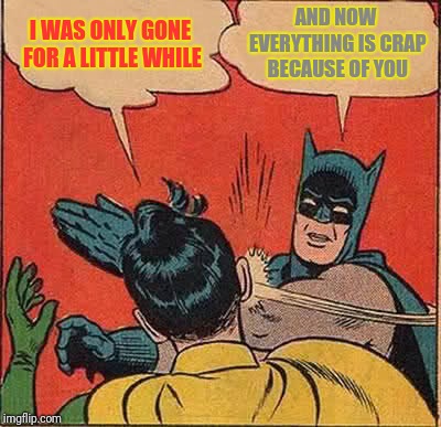 Batman Slapping Robin Meme | I WAS ONLY GONE FOR A LITTLE WHILE AND NOW EVERYTHING IS CRAP BECAUSE OF YOU | image tagged in memes,batman slapping robin | made w/ Imgflip meme maker