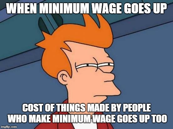 Futurama Fry Meme | WHEN MINIMUM WAGE GOES UP COST OF THINGS MADE BY PEOPLE WHO MAKE MINIMUM WAGE GOES UP TOO | image tagged in memes,futurama fry | made w/ Imgflip meme maker