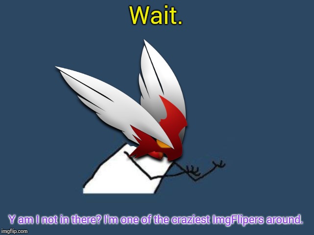 Y u no Blaze the Blaziken | Wait. Y am I not in there? I'm one of the craziest ImgFlipers around. | image tagged in y u no blaze the blaziken | made w/ Imgflip meme maker