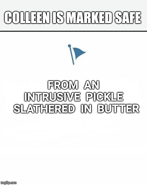 Marked Safe Facebook | COLLEEN IS MARKED SAFE; FROM 
AN INTRUSIVE  PICKLE  
SLATHERED  IN  BUTTER | image tagged in marked safe facebook | made w/ Imgflip meme maker