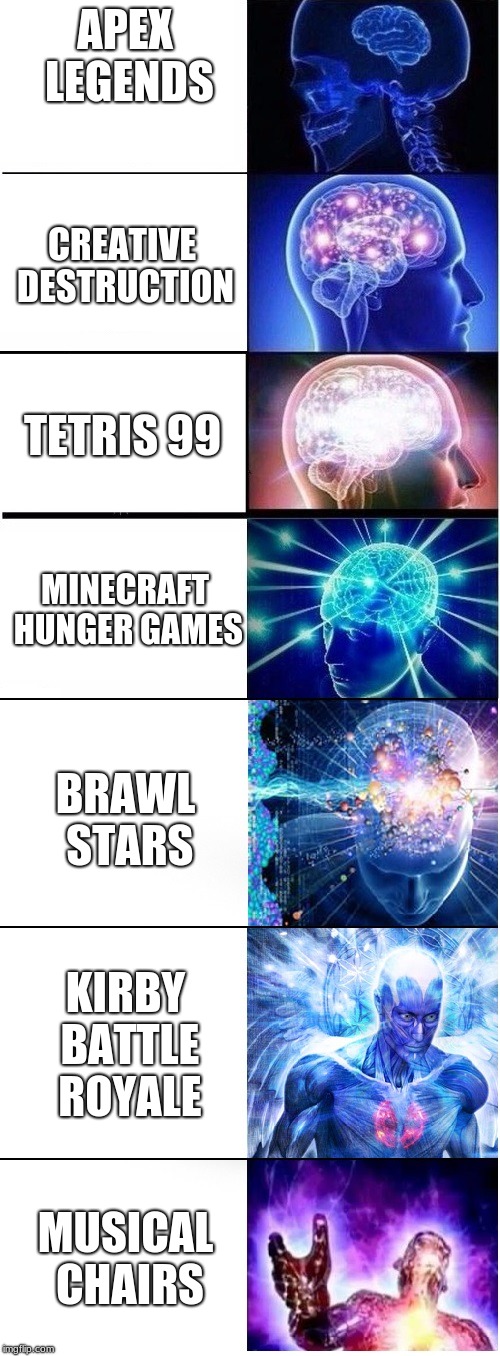 Battle Royales part 2 | APEX LEGENDS; CREATIVE DESTRUCTION; TETRIS 99; MINECRAFT HUNGER GAMES; BRAWL STARS; KIRBY BATTLE ROYALE; MUSICAL CHAIRS | image tagged in expanding brain extended 2 | made w/ Imgflip meme maker
