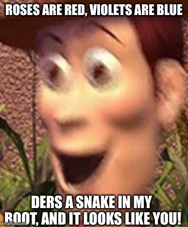 woah | ROSES ARE RED, VIOLETS ARE BLUE; DERS A SNAKE IN MY BOOT, AND IT LOOKS LIKE YOU! | image tagged in woah | made w/ Imgflip meme maker