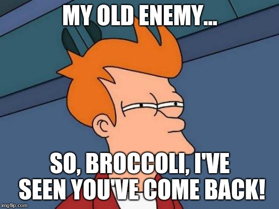 Futurama Fry | MY OLD ENEMY... SO, BROCCOLI, I'VE SEEN YOU'VE COME BACK! | image tagged in memes,futurama fry | made w/ Imgflip meme maker