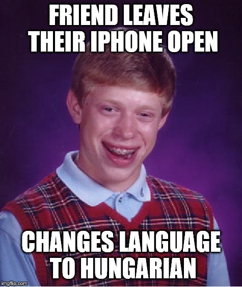 Joke level :Hungarian | FRIEND LEAVES THEIR IPHONE OPEN; CHANGES LANGUAGE TO HUNGARIAN | image tagged in memes,bad luck brian,hungary | made w/ Imgflip meme maker