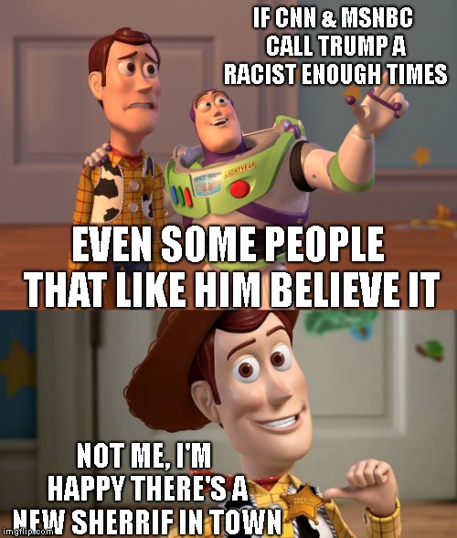 No, The President is NOT a Racist Because the Media Says So.. We Need to Drain The Swamp ! | IF CNN & MSNBC CALL TRUMP A RACIST ENOUGH TIMES; EVEN SOME PEOPLE THAT LIKE HIM BELIEVE IT; NOT ME, I'M HAPPY THERE'S A NEW SHERRIF IN TOWN | image tagged in memes,x x everywhere,president trump,new sheriff in town,wood buzz toy story | made w/ Imgflip meme maker