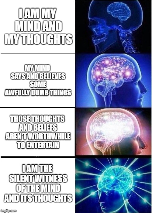 What all religions are supposed to teach at their core | I AM MY MIND AND MY THOUGHTS; MY MIND SAYS AND BELIEVES SOME AWFULLY DUMB THINGS; THOSE THOUGHTS AND BELIEFS AREN'T WORTHWHILE TO ENTERTAIN; I AM THE SILENT WITNESS OF THE MIND AND ITS THOUGHTS | image tagged in expanding brain,enlightenment,consciousness,spirituality,meditation,religion | made w/ Imgflip meme maker