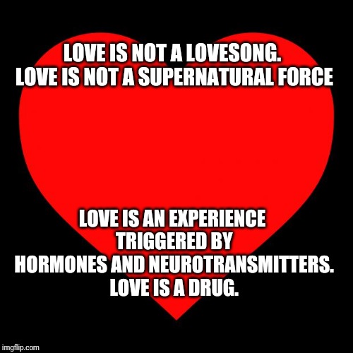 Let's Be Clear | LOVE IS NOT A LOVESONG. LOVE IS NOT A SUPERNATURAL FORCE; LOVE IS AN EXPERIENCE TRIGGERED BY HORMONES AND NEUROTRANSMITTERS. LOVE IS A DRUG. | image tagged in heart | made w/ Imgflip meme maker