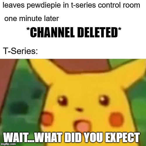 if that actually happened tho... | leaves pewdiepie in t-series control room; one minute later; *CHANNEL DELETED*; T-Series:; WAIT...WHAT DID YOU EXPECT | image tagged in memes,surprised pikachu | made w/ Imgflip meme maker