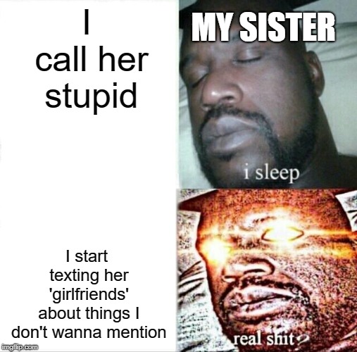 Sleeping Shaq | MY SISTER; I call her stupid; I start texting her 'girlfriends' about things I don't wanna mention | image tagged in memes,sleeping shaq | made w/ Imgflip meme maker