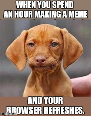 Does Imgflip have a save option? Anyone?   | WHEN YOU SPEND AN HOUR MAKING A MEME; AND YOUR BROWSER REFRESHES. | image tagged in frustrated dog,imgflip,aint nobody got time for that | made w/ Imgflip meme maker