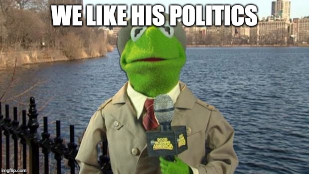 Kermit News Report | WE LIKE HIS POLITICS | image tagged in kermit news report | made w/ Imgflip meme maker