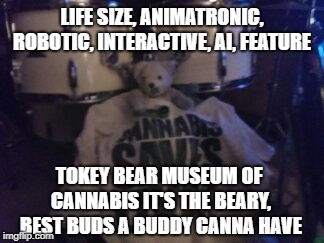 LIFE SIZE, ANIMATRONIC, ROBOTIC, INTERACTIVE, AI, FEATURE; TOKEY BEAR MUSEUM OF CANNABIS IT'S THE BEARY, BEST BUDS A BUDDY CANNA HAVE | image tagged in tokey bear life size animatronic robotic interactive museum | made w/ Imgflip meme maker
