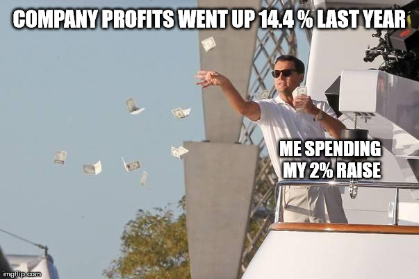 I am not used to that much spending power! | COMPANY PROFITS WENT UP 14.4 % LAST YEAR; ME SPENDING MY 2% RAISE | image tagged in di caprio money,raise,billionaire,company,unfair | made w/ Imgflip meme maker