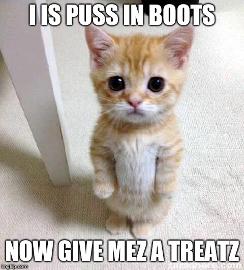 Cute Cat | I IS PUSS IN BOOTS; NOW GIVE MEZ A TREATZ | image tagged in memes,cute cat | made w/ Imgflip meme maker