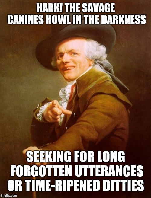 Joseph Ducreux Meme | HARK! THE SAVAGE CANINES HOWL IN THE DARKNESS SEEKING FOR LONG FORGOTTEN UTTERANCES OR TIME-RIPENED DITTIES | image tagged in memes,joseph ducreux | made w/ Imgflip meme maker