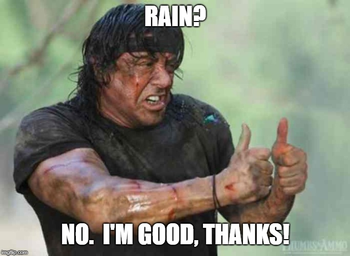 Rambo: Need rain | RAIN? NO.  I'M GOOD, THANKS! | image tagged in rambo,rain,memes | made w/ Imgflip meme maker