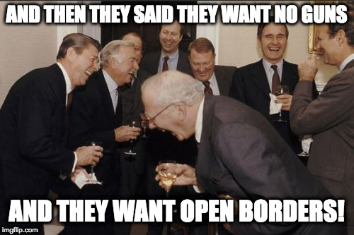 Laughing Men In Suits Meme | AND THEN THEY SAID THEY WANT NO GUNS AND THEY WANT OPEN BORDERS! | image tagged in memes,laughing men in suits | made w/ Imgflip meme maker