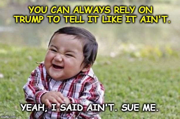 . | YOU CAN ALWAYS RELY ON TRUMP TO TELL IT LIKE IT AIN'T. YEAH, I SAID AIN'T. SUE ME. | image tagged in memes,evil toddler,trump,liar | made w/ Imgflip meme maker