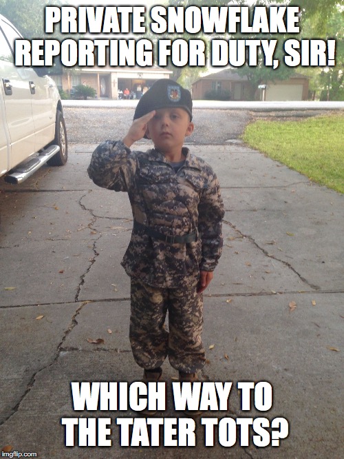 Soldier | PRIVATE SNOWFLAKE REPORTING FOR DUTY, SIR! WHICH WAY TO THE TATER TOTS? | image tagged in soldier | made w/ Imgflip meme maker