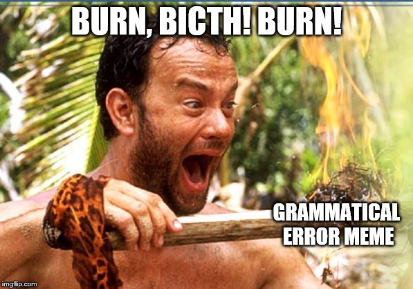 Castaway Fire Meme | BURN, BICTH! BURN! GRAMMATICAL ERROR MEME | image tagged in memes,castaway fire | made w/ Imgflip meme maker