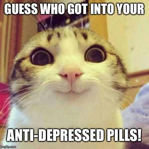 Smiling Cat Meme | GUESS WHO GOT INTO YOUR; ANTI-DEPRESSED PILLS! | image tagged in memes,smiling cat | made w/ Imgflip meme maker