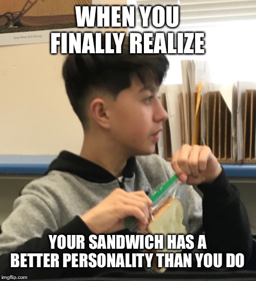 Dum dum boi | WHEN YOU FINALLY REALIZE; YOUR SANDWICH HAS A BETTER PERSONALITY THAN YOU DO | image tagged in dum dum boi | made w/ Imgflip meme maker