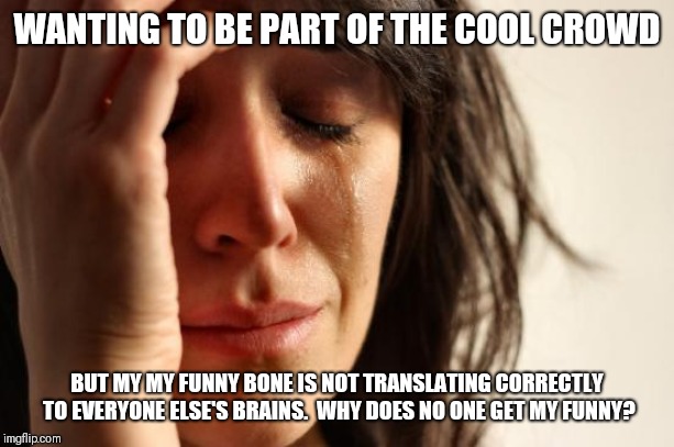 First World Problems Meme | WANTING TO BE PART OF THE COOL CROWD BUT MY MY FUNNY BONE IS NOT TRANSLATING CORRECTLY TO EVERYONE ELSE'S BRAINS.  WHY DOES NO ONE GET MY FU | image tagged in memes,first world problems | made w/ Imgflip meme maker