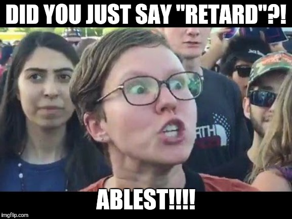 Angry sjw | DID YOU JUST SAY "RETARD"?! ABLEST!!!! | image tagged in angry sjw | made w/ Imgflip meme maker