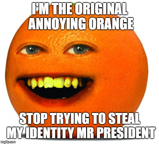 Annoying Orange | I'M THE ORIGINAL ANNOYING ORANGE; STOP TRYING TO STEAL MY IDENTITY MR PRESIDENT | image tagged in annoying orange | made w/ Imgflip meme maker