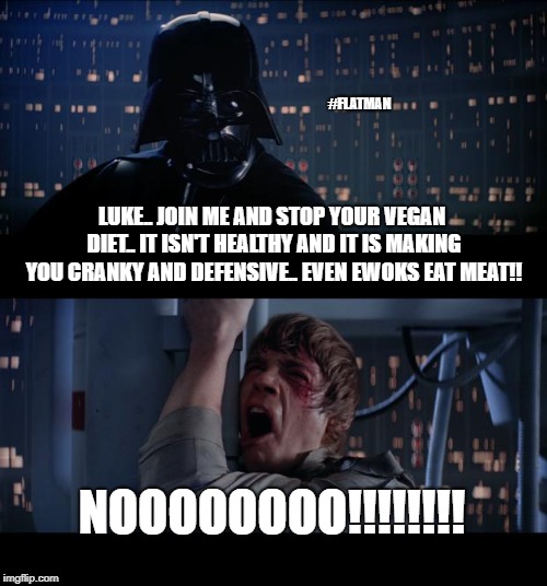 Star Wars No Meme | #FLATMAN; LUKE.. JOIN ME AND STOP YOUR VEGAN DIET.. IT ISN'T HEALTHY AND IT IS MAKING YOU CRANKY AND DEFENSIVE.. EVEN EWOKS EAT MEAT!! NOOOOOOOO!!!!!!!! | image tagged in memes,star wars no | made w/ Imgflip meme maker
