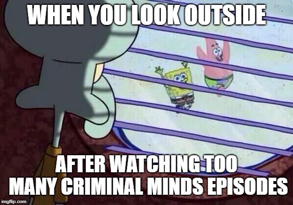Squidward window | WHEN YOU LOOK OUTSIDE; AFTER WATCHING TOO MANY CRIMINAL MINDS EPISODES | image tagged in squidward window | made w/ Imgflip meme maker
