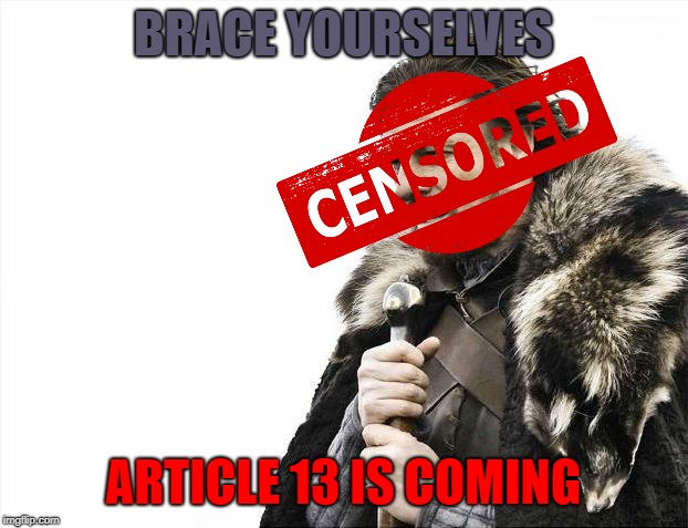 Brace Yourselves X is Coming | BRACE YOURSELVES; ARTICLE 13 IS COMING | image tagged in memes,brace yourselves x is coming | made w/ Imgflip meme maker