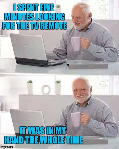 Harold is losing everything, including his mind... | I SPENT FIVE MINUTES LOOKING FOR THE TV REMOTE; IT WAS IN MY HAND THE WHOLE TIME | image tagged in memes,hide the pain harold,remote control,tv,funny | made w/ Imgflip meme maker
