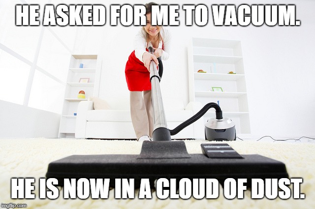Vacuum  | HE ASKED FOR ME TO VACUUM. HE IS NOW IN A CLOUD OF DUST. | image tagged in vacuum | made w/ Imgflip meme maker