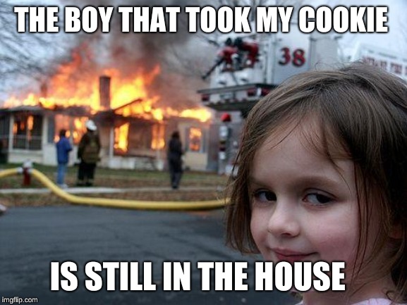 Disaster Girl | THE BOY THAT TOOK MY COOKIE; IS STILL IN THE HOUSE | image tagged in memes,disaster girl | made w/ Imgflip meme maker