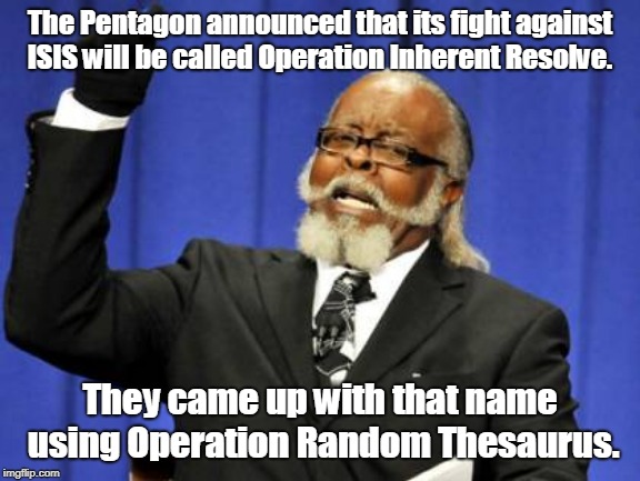 Too Damn High | The Pentagon announced that its fight against ISIS will be called Operation Inherent Resolve. They came up with that name using Operation Random Thesaurus. | image tagged in memes,too damn high | made w/ Imgflip meme maker