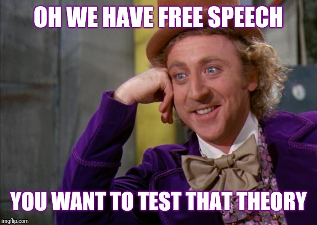 Willy Wonka HD | OH WE HAVE FREE SPEECH; YOU WANT TO TEST THAT THEORY | image tagged in willy wonka hd | made w/ Imgflip meme maker