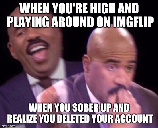 Steve Harvey Laughing Serious | WHEN YOU'RE HIGH AND PLAYING AROUND ON IMGFLIP; WHEN YOU SOBER UP AND REALIZE YOU DELETED YOUR ACCOUNT | image tagged in steve harvey laughing serious | made w/ Imgflip meme maker