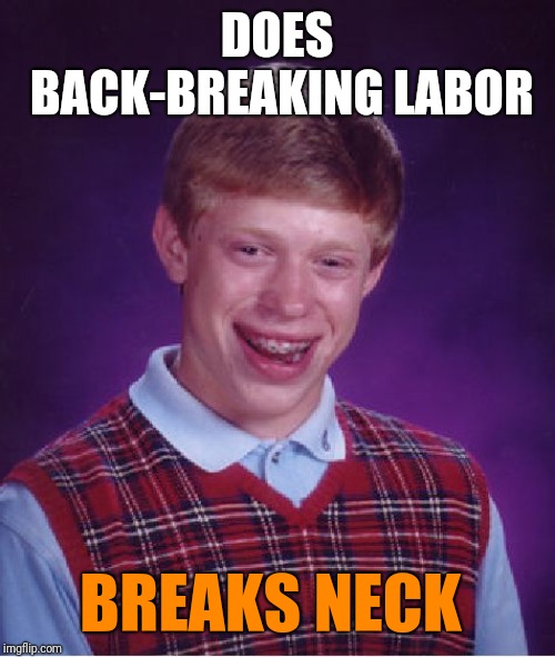 Bad Luck Brian Meme | DOES BACK-BREAKING LABOR; BREAKS NECK | image tagged in memes,bad luck brian | made w/ Imgflip meme maker