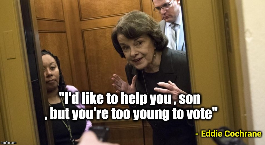 The first thing I thought of . . . | "I'd like to help you , son , but you're too young to vote"; - Eddie Cochrane | image tagged in sneaky diane feinstein,children of the corn,politicians suck,see no one cares,elections | made w/ Imgflip meme maker