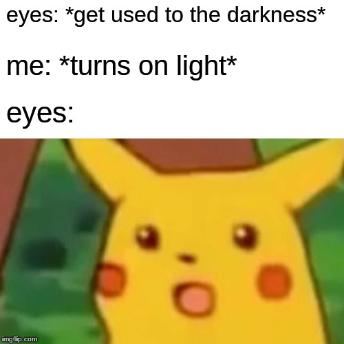 Surprised Pikachu Meme | eyes: *get used to the darkness*; me: *turns on light*; eyes: | image tagged in memes,surprised pikachu | made w/ Imgflip meme maker
